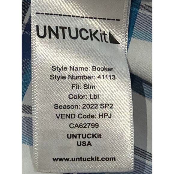 UnTuckit Booker Shirt Men Blue XL Slim Fit SS Plaid Button Preppy Office Casual - Picture 4 of 4